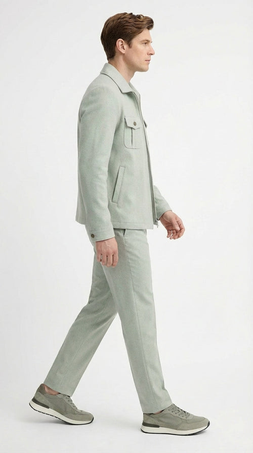 Mens Sage Green Walking Suit Set – Casual Safari Military Jacket and Pants Outfit for Travel