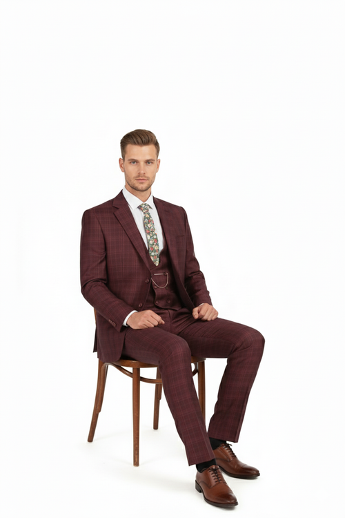 Men’s Burgundy Checkered 3-Piece Suit - Windowpane Classic Fit Plaid Blazer with Vest and Pants by Usamensoutlet