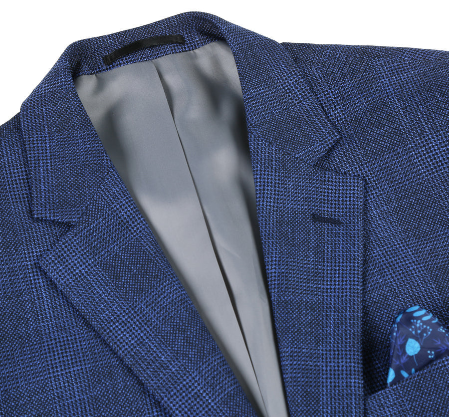 Mens Two Button Classic Fit Sport Coat Blazer in Navy Blue Windowpane Plaid by Renoirin