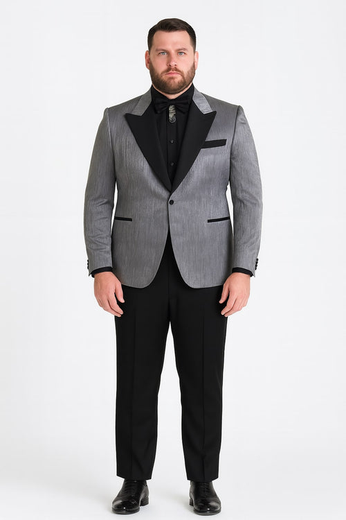 Silver Metallic Tuxedo Suit with Black Satin Peak Lapel - Mens Slim Fit Formal Wedding and Prom Attire in Charcoal Grey With Pants USA Men's Outlet