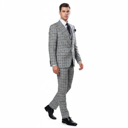 Suits With Baggy Pleated Pants - Wide Leg Pants 100% Wool - Classic Fit in One Button 3 Piece Suit by Rossiman by USA Men's Outlet
