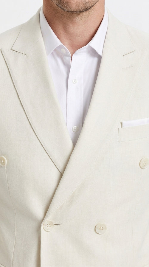 Men’s Ivory Cream Double-Breasted Linen Suit – Off-White Summer Wedding Slim Fitted 2-Piece Suit Cream Color