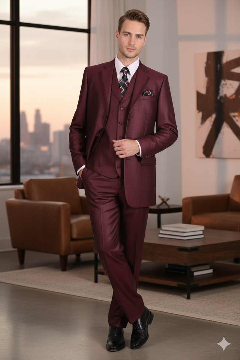 Men’s Burgundy 3-Piece Suit – Burgundy Three Buttons Vested Suit - Pleated Pants Classic Fit Athletic Cut
