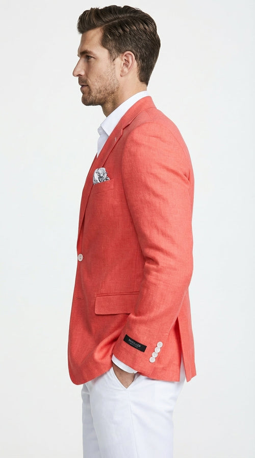 Mens Coral Linen Blazer Sport Coat – Lightweight Summer Linen Jacket for Wedding, Beach Events, Business Casual in Salmon Color