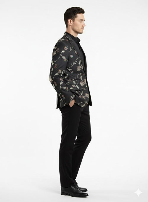 Luxury Black Floral Embroidered Blazer for Men - Designer Party and Wedding Wear Jacket by USA Men's Outlet