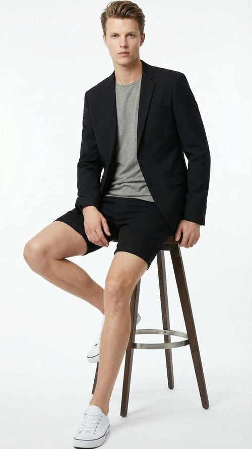 Men’s Black Summer Business Suit with Shorts Pants Set