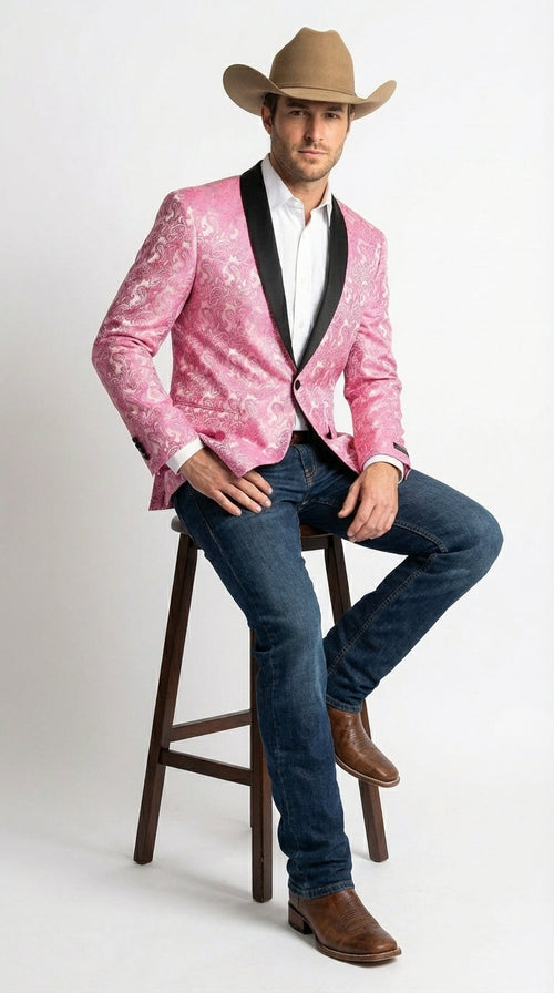 Mens Hot Pink Paisley Western Blazer Jacket β Stylish Pattern Formal Blazer with Black Shawl Lapel for Party, Wedding Cowboy Sportcoat