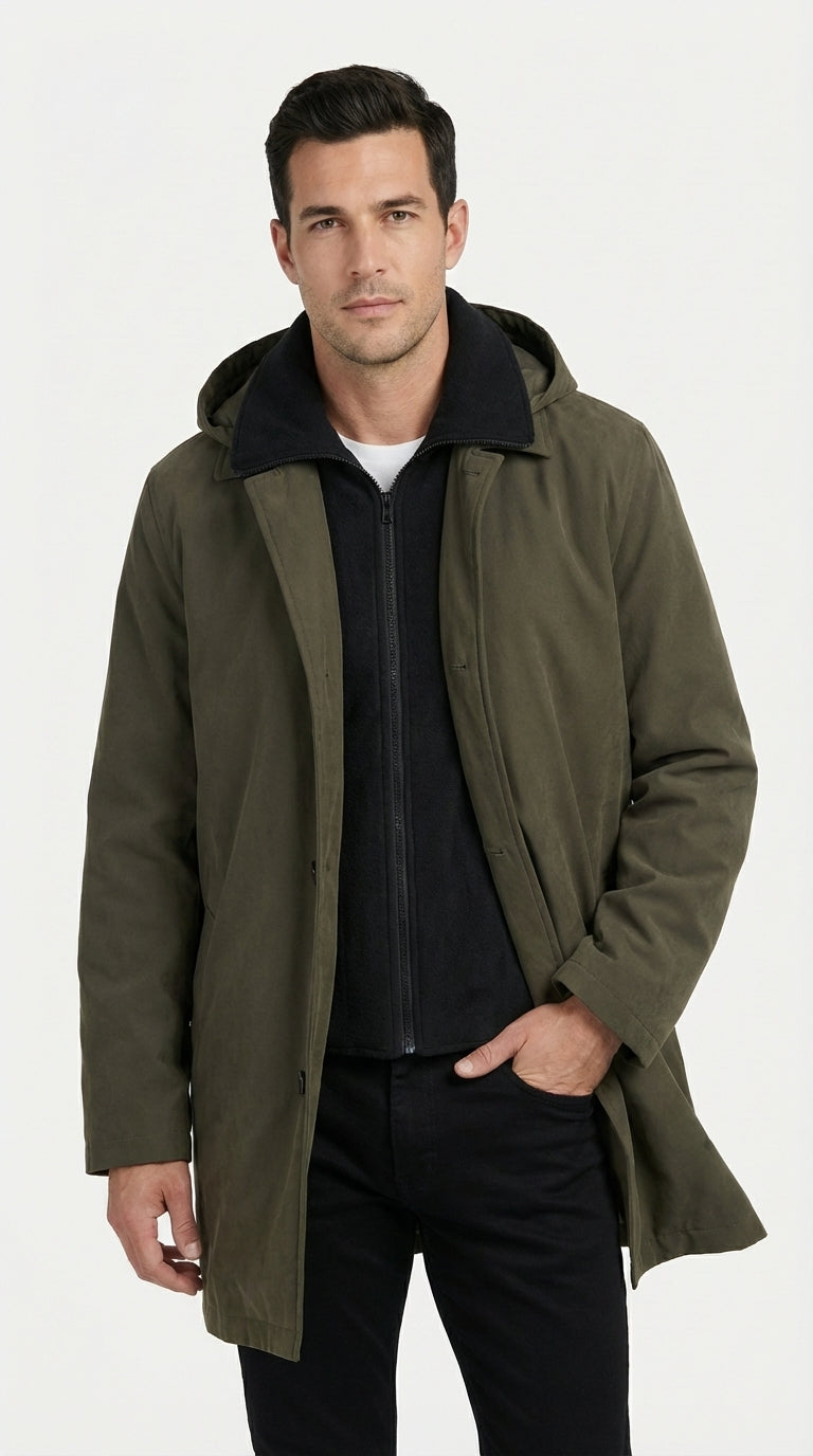Mens Olive Brown Trench Coat Raincoat β Classic Water Resistant Long Coat with Zip and Button Closure for Business, Travel and Everyday Outerwear