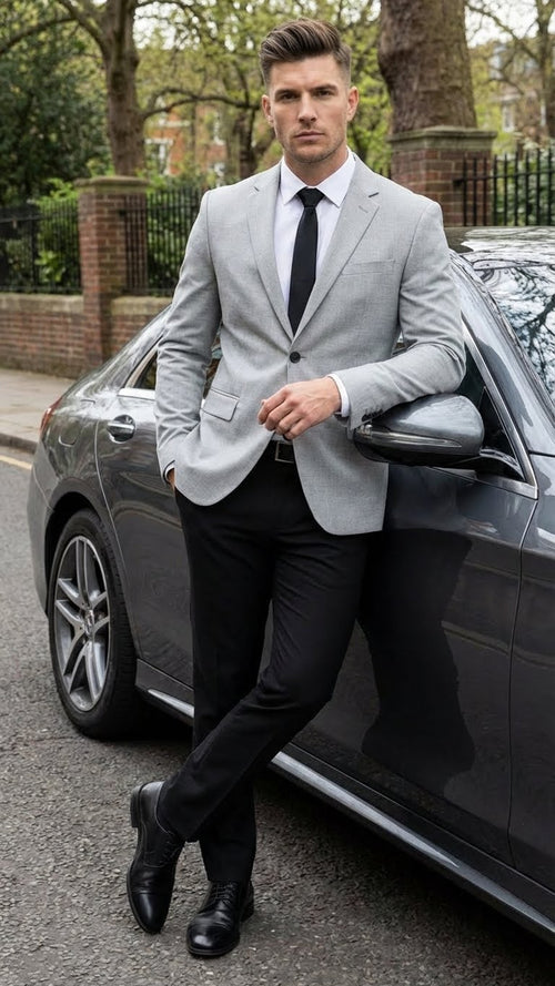 Men’s Light Grey Slim Fit Blazer Sport Coat with Black Pants - Premium Formal and Smart Casual Outfit by USA Men's Outlet