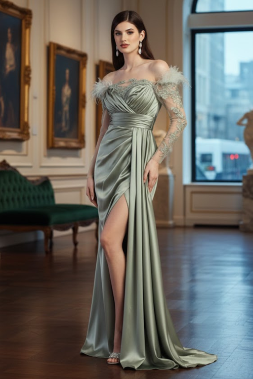 Off The Shoulder Long Sleeve Satin Evening Gown
