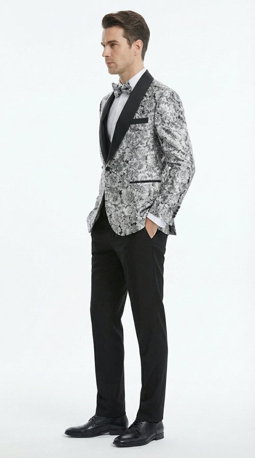 Mens Black and Silver Floral Tuxedo β Luxury Patterned Wedding, Prom and Formal Dinner Tuxedo