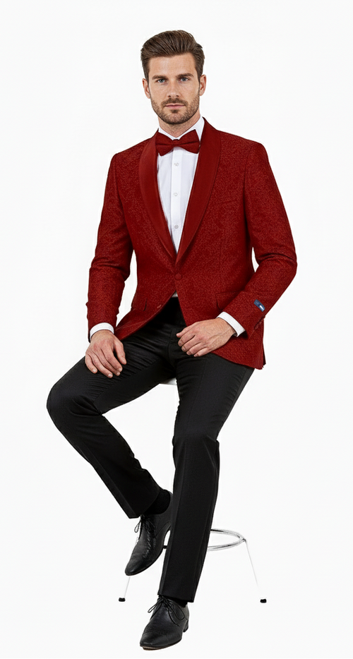 Big and Tall Men’s Burgundy Paisley Tuxedo Jacket - Satin Shawl Lapel Blazer with Bow Tie for Weddings, Proms, and Special Events by USA Men's Outlet