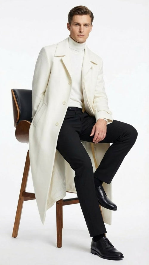 Mens Off-White Long Trench Coat β Overcoat with Classic Clean Design Duster Maxi Coat in Ivory Color