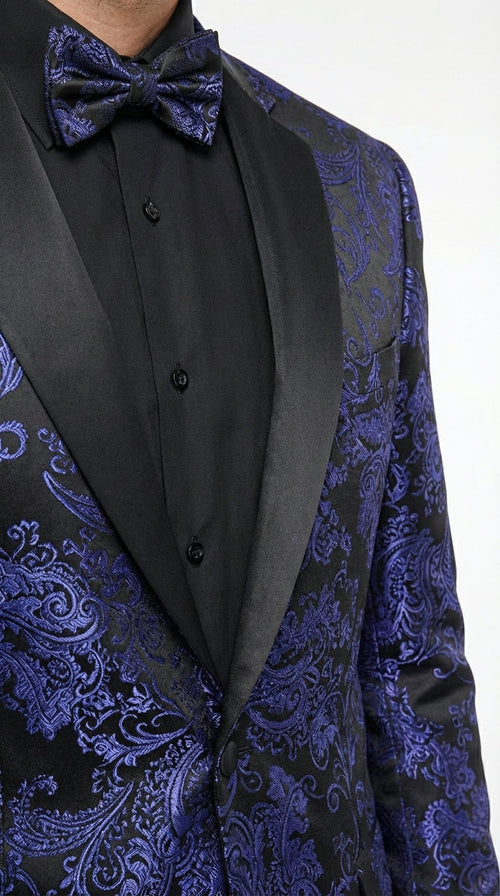 Mens Royal Blue Paisley Jacquard Blazer β Luxury Pattern Tuxedo Dinner Jacket with Black Satin Lapel for Wedding, Prom With Bowtie