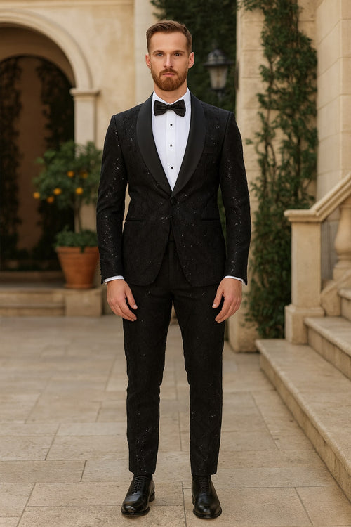 Black Sequin Tuxedo Suit with Satin Shawl Lapel – Mens Slim Fit Formal Prom and Wedding Attire
