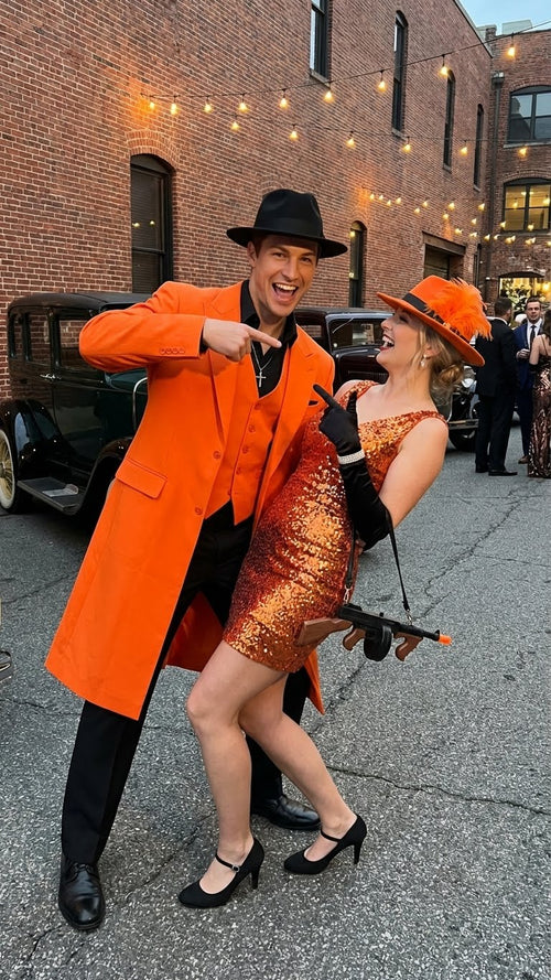 Men’s halloween Costume Orange Long Zoot Suit Set With Black Shirt and Black Pants included by USA Men's Outlet