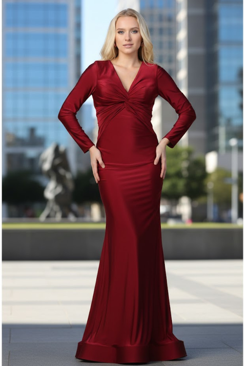 Long Sleeve Stretchy V-neckline Bodycon Evening Gown