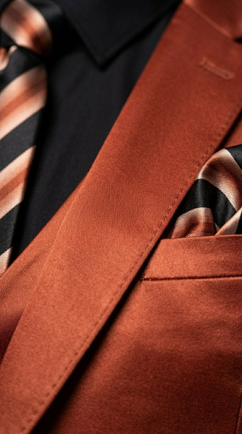 Menās Rust Copper Coganc Shiny Sateen 3 Piece Suit, Vested Formal Wedding Prom Suit Set Ultra Slim Fit