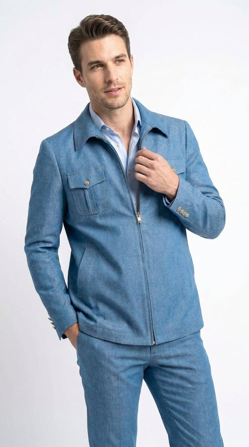 Men’s Light Blue Walking Suit – 2 Piece Casual Leisure Set with Zip Front Jacket Denim Style