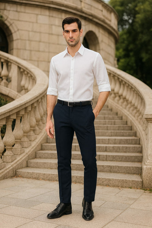Men’s White Linen Button Down Shirt - Long Sleeve Roll-Up Casual Dress Shirt by USA Men's Outlet