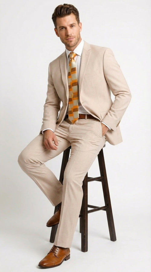 Vitali Men’s Natural Beige Pinstripe Suit – Summer Tan Pinstripe Weddings and Business Wear