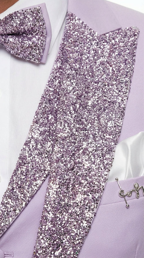 Men’s Lilac Suit with Silver Glitter Sequin Lapel – Lilac and Silver Formal Tuxedo Suit for Prom, Wedding Lavender Tuxedo