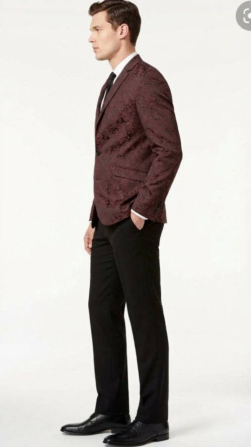 Men’s Burgundy Paisley Blazer Sport Coat - Velvet Dinner Jacket floral in Maroon Wine Color Ultra Slim Fit Smoking Jacket by USA Men's Outlet
