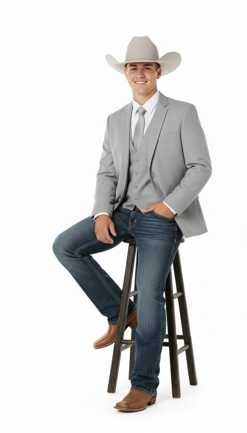 Saco Vaquero Mens Western Wedding Blazer – Light Gray Cowboy Suit Jacket for Rustic and Country Weddings