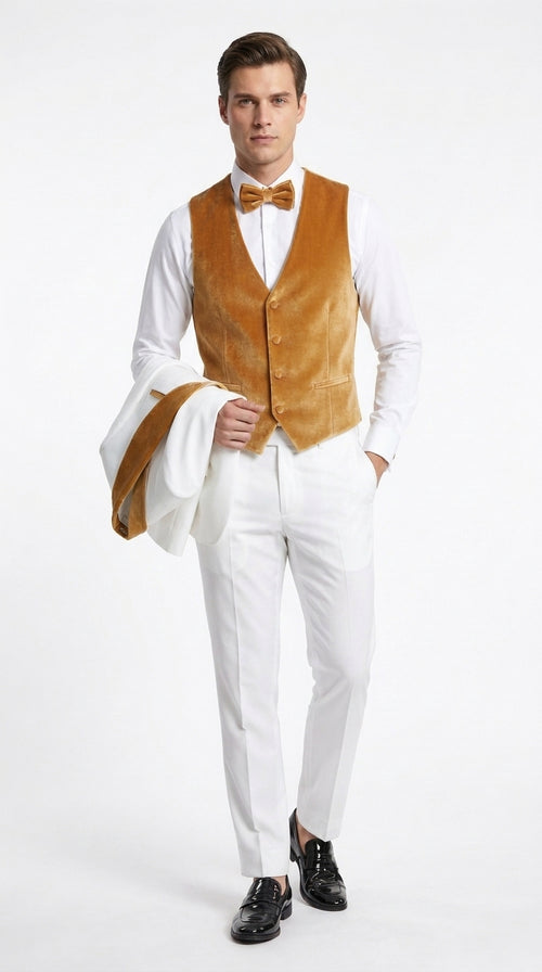 Men's White & Gold Tuxedo β Velvet Shawl Lapel 3 Piece Wedding & Prom Suit