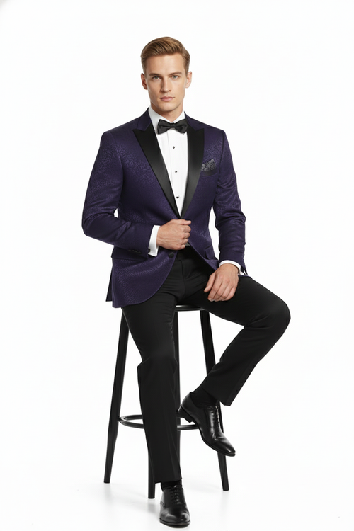 Men’s Purple Paisley Tuxedo Jacket - Ultra Slim Fit Dinner Blazer with Black Satin Peak Lapel by USA Men's Outlet