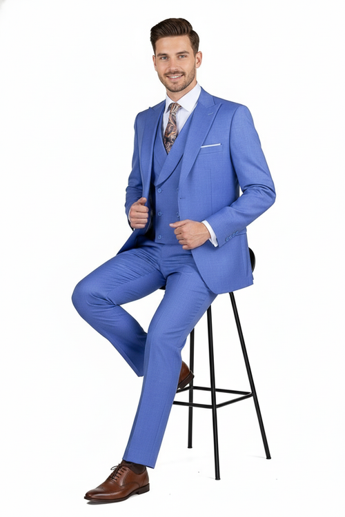Men’s Light Blue Double-Breasted 3-Piece Suit Set - Tailored Fit Formal Business Suit in Steel Blue Sky Blue Color by USA Men's Outlet