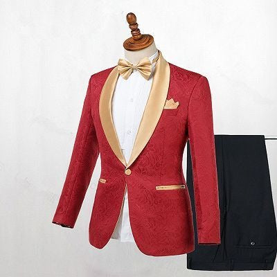 Cooper Red Jacquard One Button Wedding Men Suits with Gold Lapel Red And Gold Prom Suits
