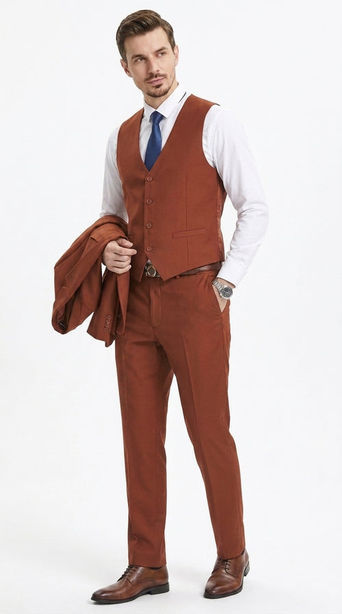 Stacy Adams Burnt Orange Suit – Men’s Rust 3-Piece Wedding & Formal Suit with Vest