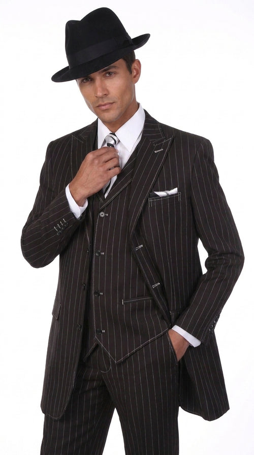 Men’s Black Pinstripe Zoot Suit – 3-Piece 1920s Gangster Vested Formal Suit