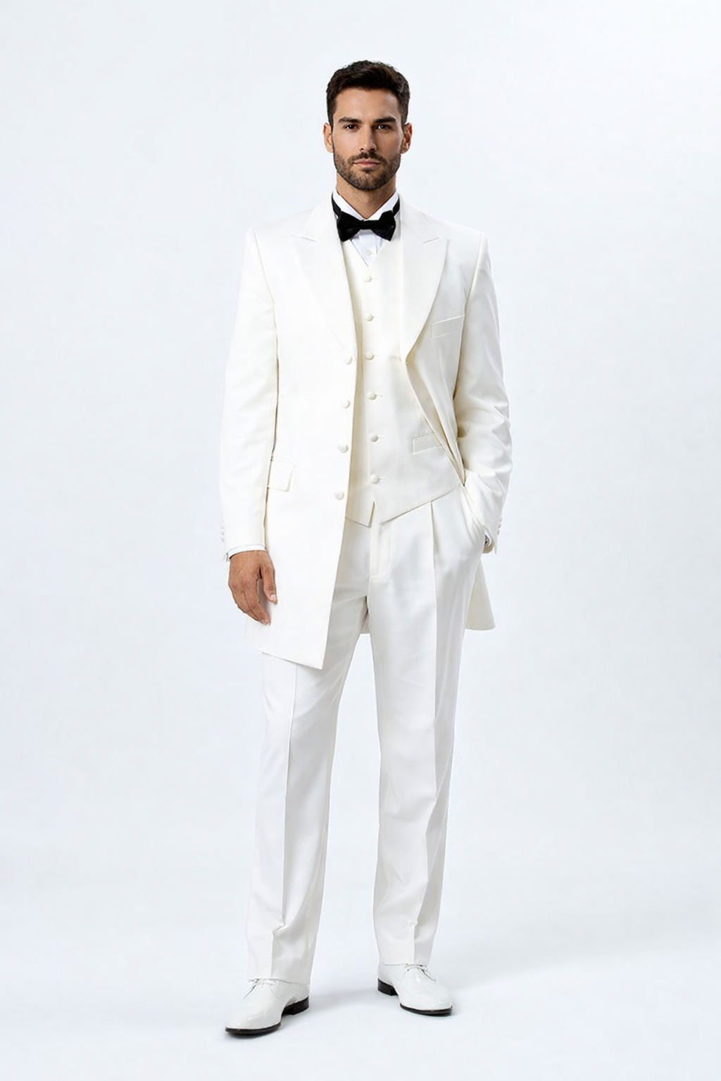 5 Button 3 Piece Vested Long Ivory~Cream~Off White Fashion Zoot Suit 38inch Fashion Tuxedo For Men – SuitUSA