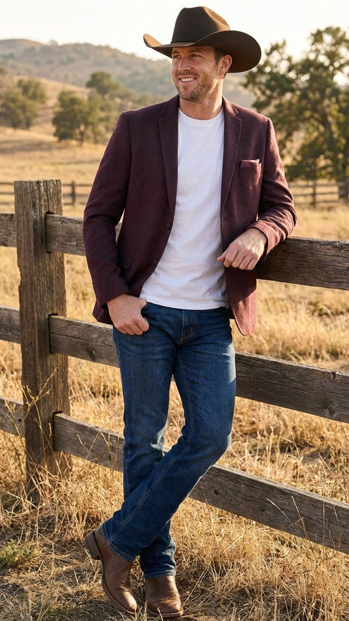 Men’s Burgundy Western Blazer Jacket, Textured Cowboy Style Sport Coat for - Tweed Herringbone Maroon Color