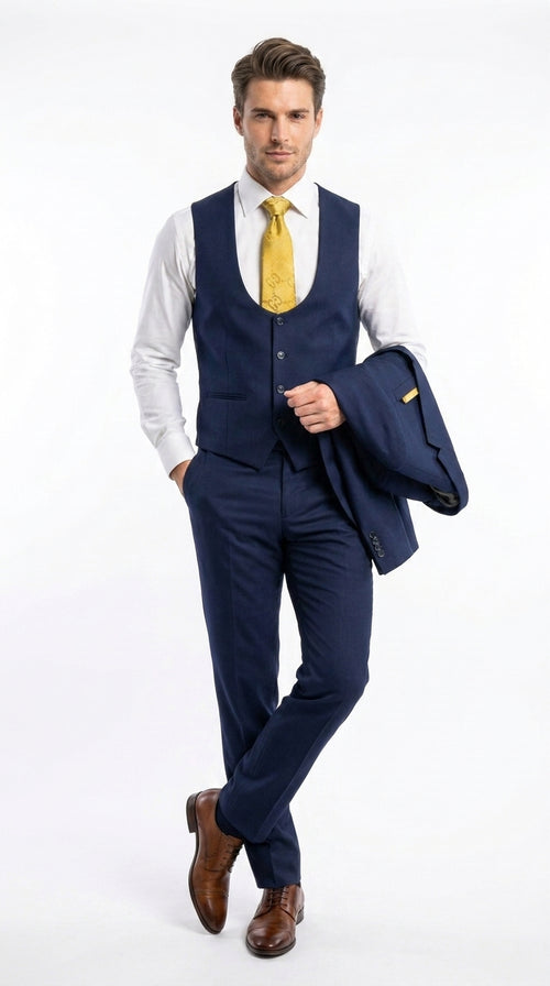 Mens Vitali 3 Piece Suit W/Scoop Vest Navy Blue 3-Piece Suit – Big Peak Lapel Vest and Pants Modern Fit Two Buttons
