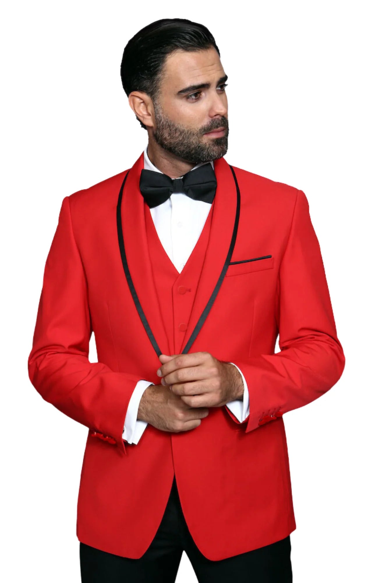 3-Piece Tailored Fit Wool Suit with Bow Tie and Flat Front Pants - Red – SuitUSA