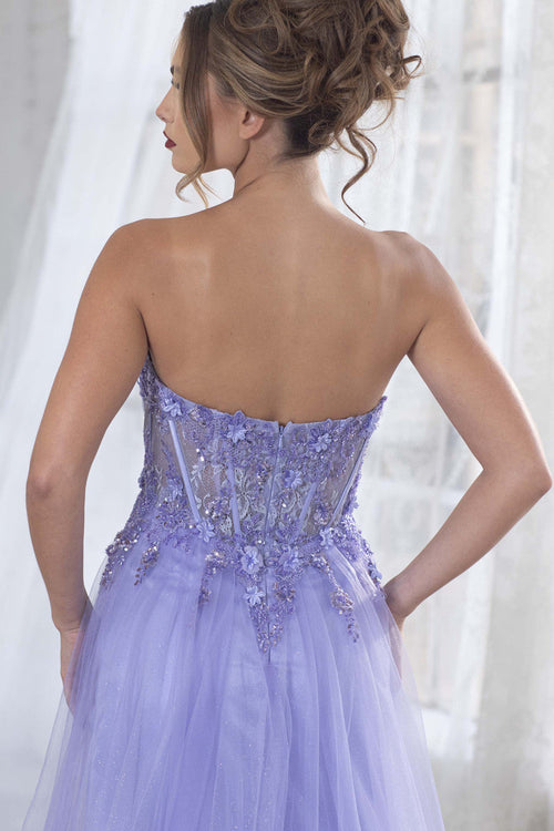 Lenovia 8399 Embroidered Mesh Strapless Off-Shoulder A-line Dress