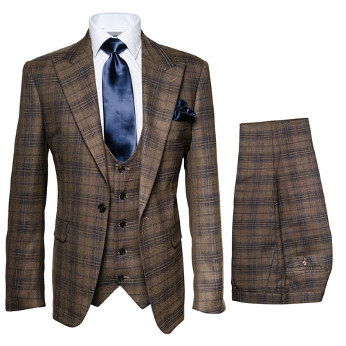 Mens Plaid Windowpane Business Suit - Brown