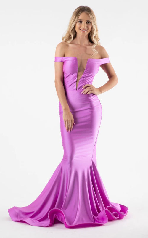 Jessica Angel JA518 Off-Shoulder Mermaid Open Back Godet Court Train Jersey Dress