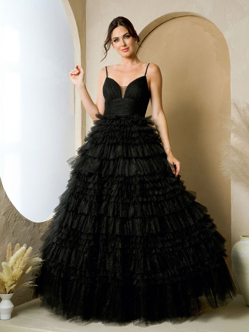 Eva USA EV5272 Glitter-Accented Structured Bodice Long Ball Dress