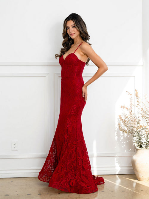 Eva USA EV5277 Structured Corset Lace Overlay Evening Dress