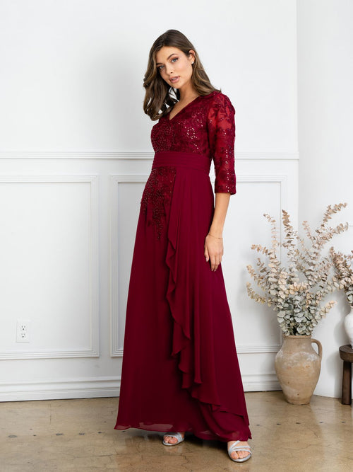 Eva USA EV5283 Pleated V-Neck Stretch Dress with Full Lining