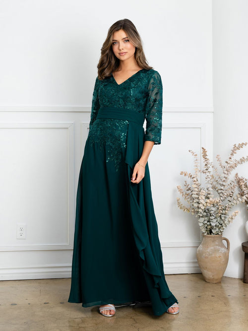 Eva USA EV5283 Pleated V-Neck Stretch Dress with Full Lining