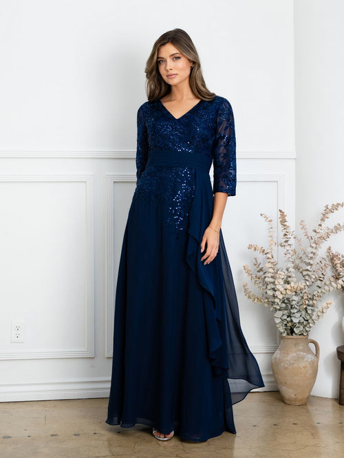 Eva USA EV5283 Pleated V-Neck Stretch Dress with Full Lining