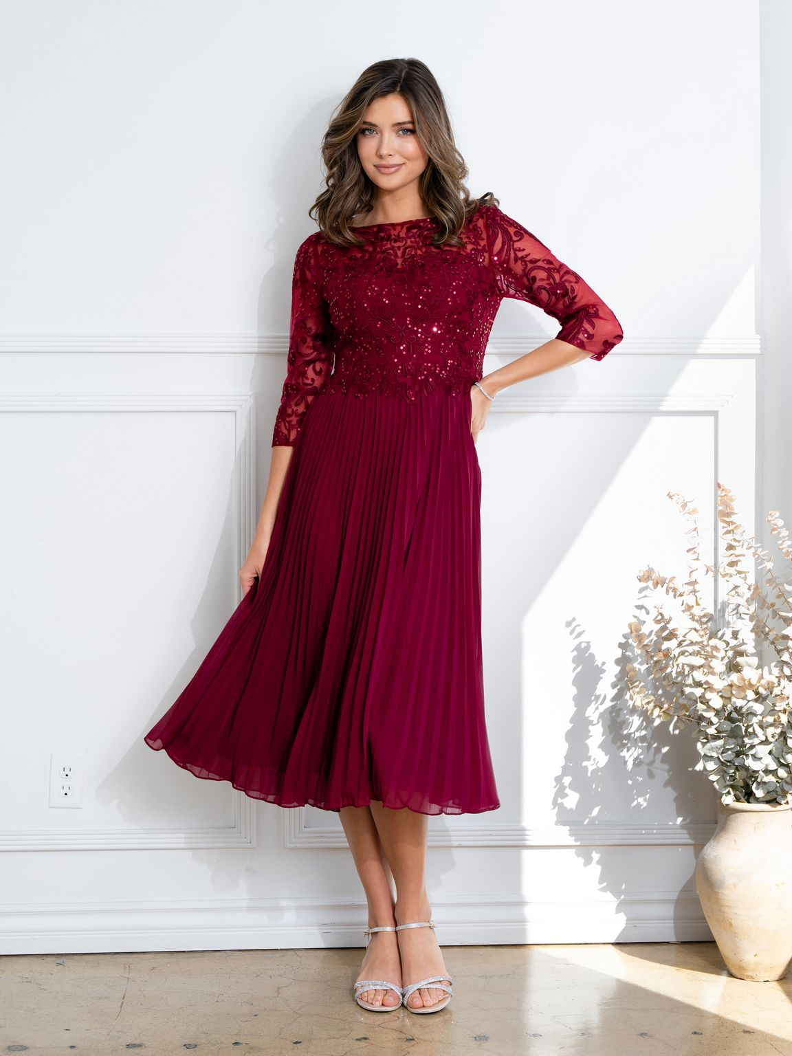 Eva USA EV5285 Short Pleated Lace Midi Dress with Sheer Sleeves