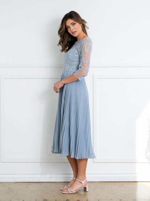Eva USA EV5285 Short Pleated Lace Midi Dress with Sheer Sleeves