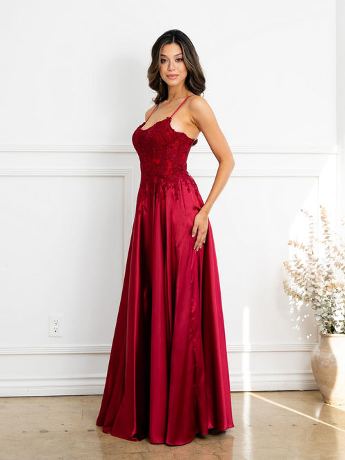 Eva USA EV5289 A-Line Lace Corset Dress with Appliqué and Boning Construction
