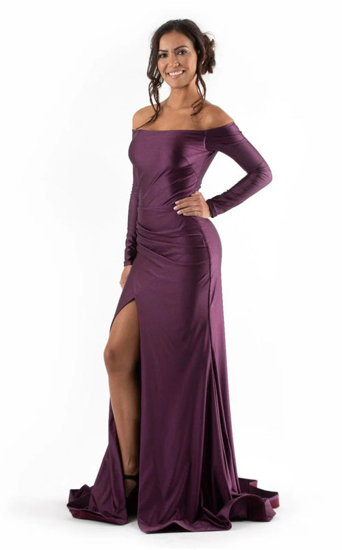 Jessica Angel JA531 Off-Shoulder Fitted High Slit Ruched Draped Jersey Dress